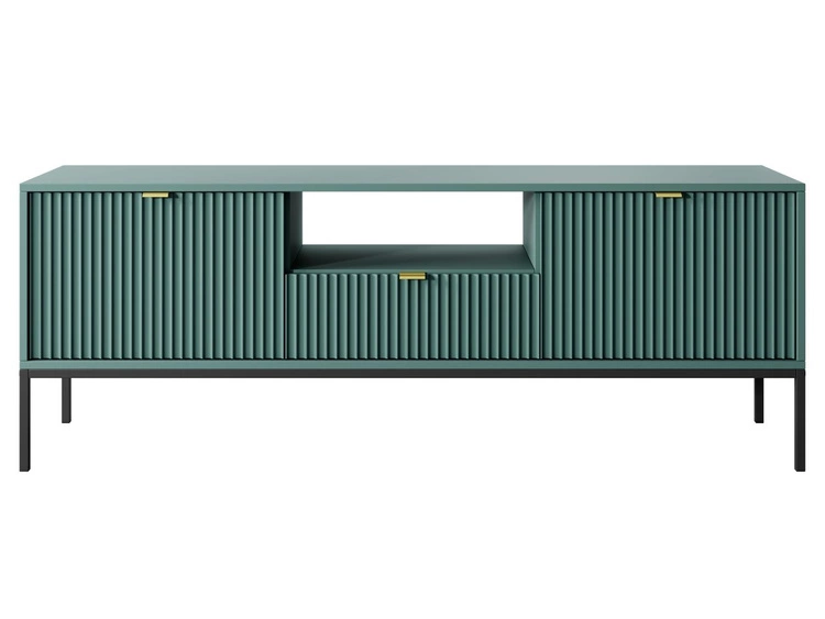 Szafka pod telewizor z szufladami i drzwiczkami Amber zielona na czarnych nogach