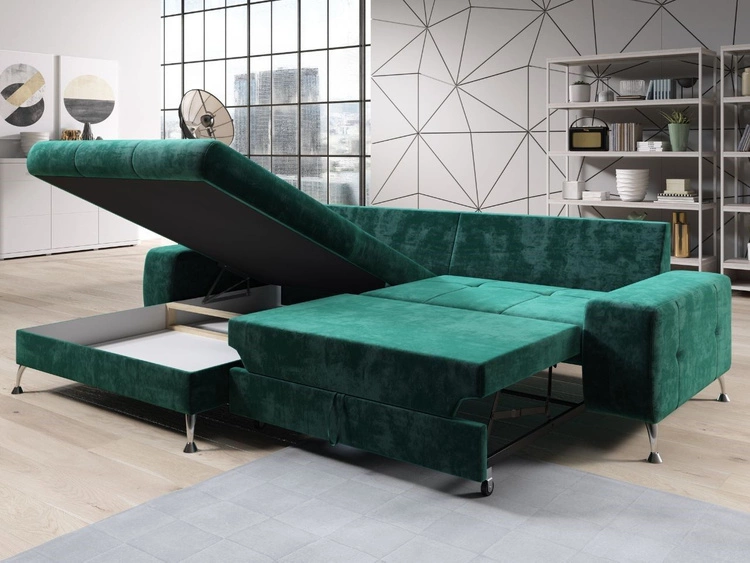 Narożnik L Lewy z funkcją spania i pojemnikiem Tonny Ciemny zielony