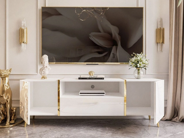 Szafka RTV w stylu glamour z szafkami i szufladą Lunelie biały połysk