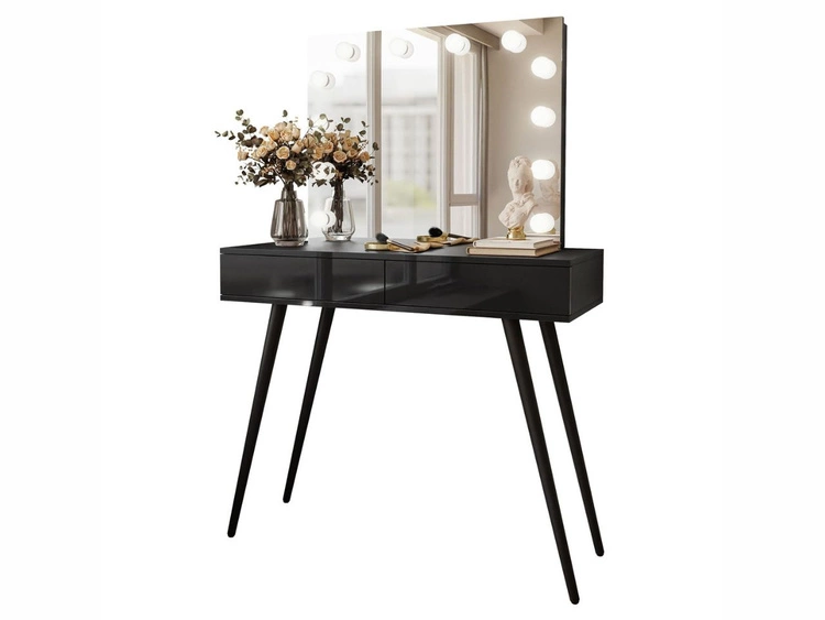 Toaletka kosmetyczna w stylu glamour z szufladami, czarnymi nogami i oświetleniem LED Olivine Elite czarny połysk
