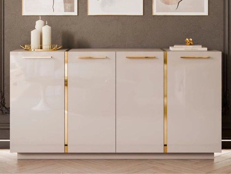 Czterodrzwiowa komoda 158 cm w stylu glamour ze złotymi uchwytami Lunelie kaszmir połysk