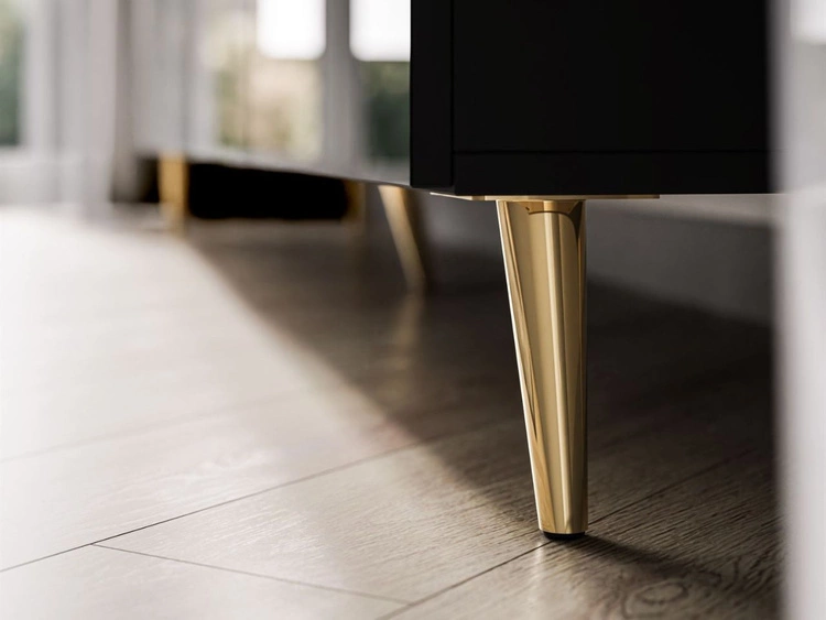 Meblościanka do salonu z oświeleniem LED na złotych nogach Noaé Czarny połysk