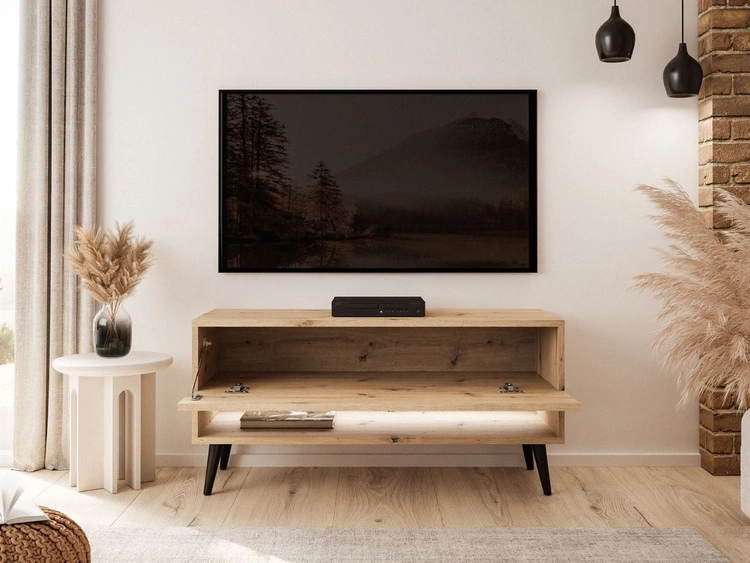 Szafka RTV 90 cm do salonu z oświetleniem LED i czarnymi nóżkami Aurelie Dąb Artisan