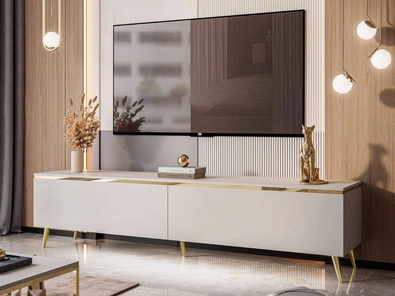Szafka RTV 180 cm na złotych metalowych nogach i z oświetleniem LED Evare Kaszmir