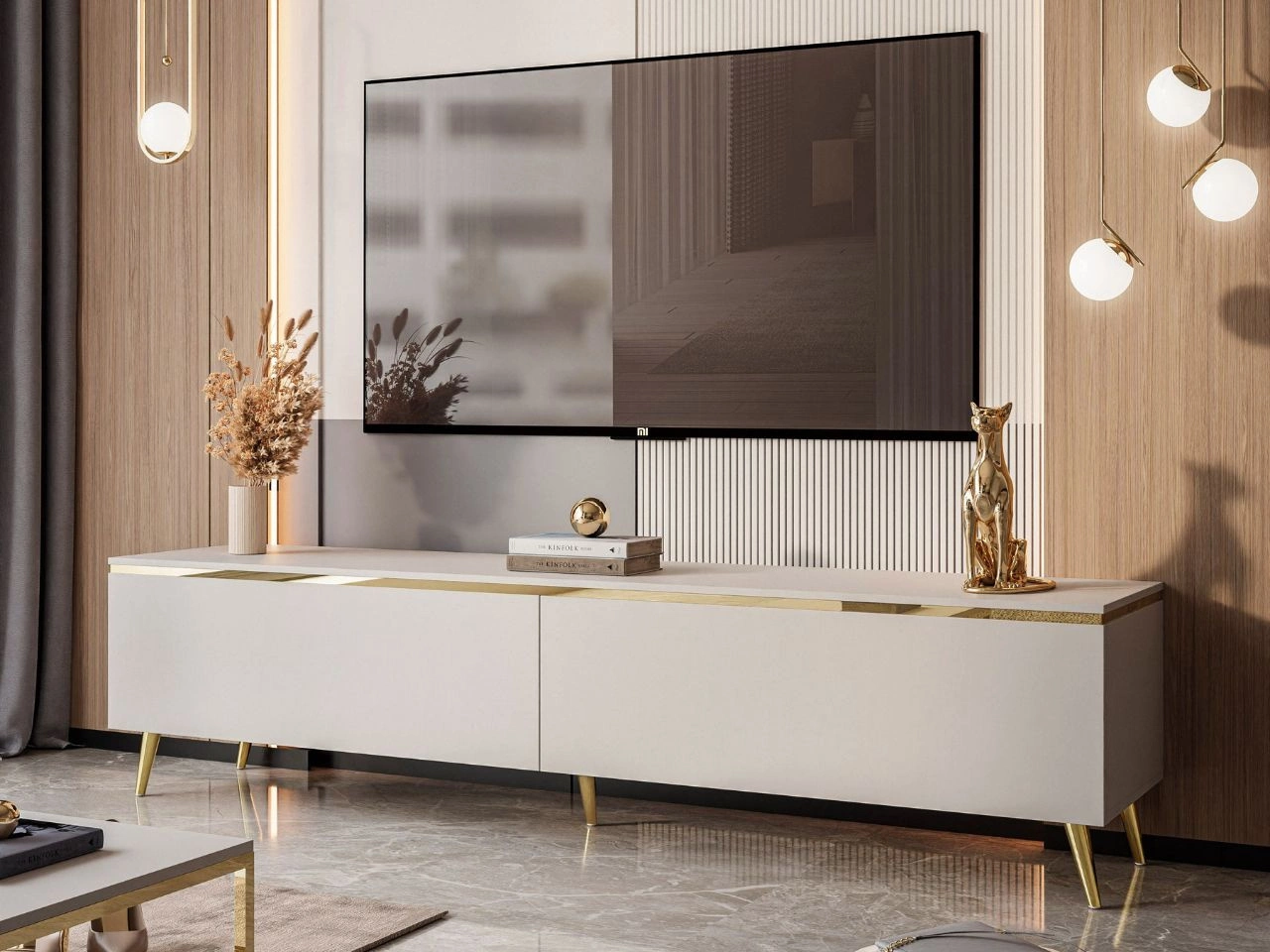 Szafka RTV 180 cm na złotych metalowych nogach w stylu glamour Evare Kaszmir