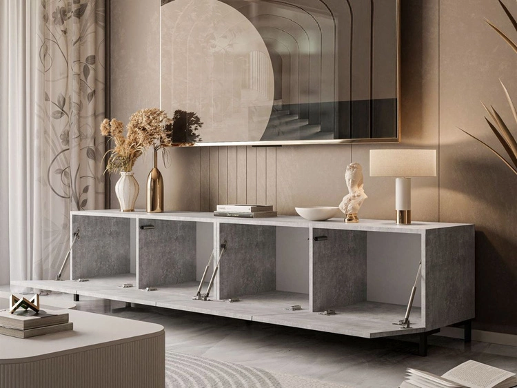 Szafka RTV pod telewizor z drzwiczkami na czarnych nóżkach 200 cm Nodoo Beton