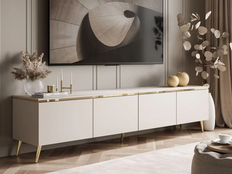 Szafka RTV czterodrzwiowa w stylu glamour z oświetleniem LED Celle kaszmir mat