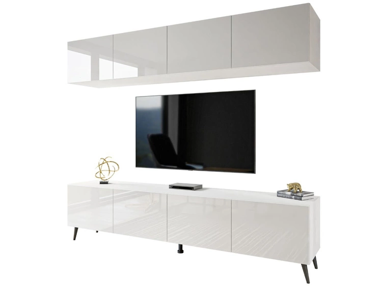 Meblościanka do salonu z oświetleniem LED na czarnych nogach Noaé Biały połysk