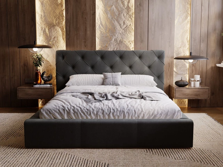 Łóżko tapicerowane z pojemnikiem i stelażem 200x200 Milano Ciemny Szary