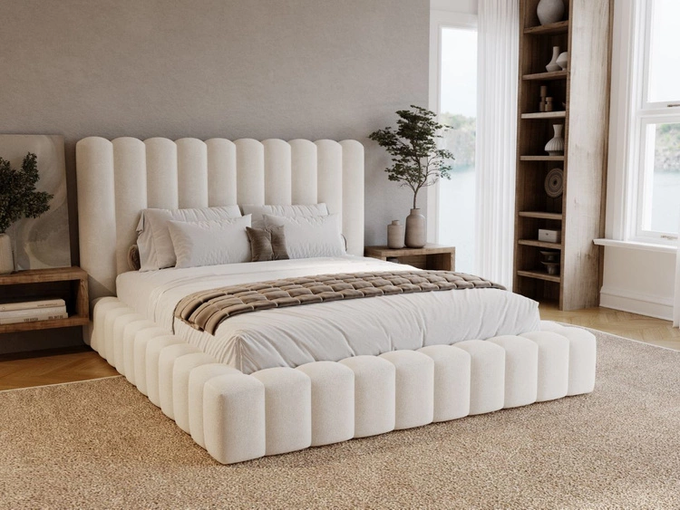 Łóżko tapicerowane z pojemnikiem i stelażem 140x200 cm Rotto Kremowe
