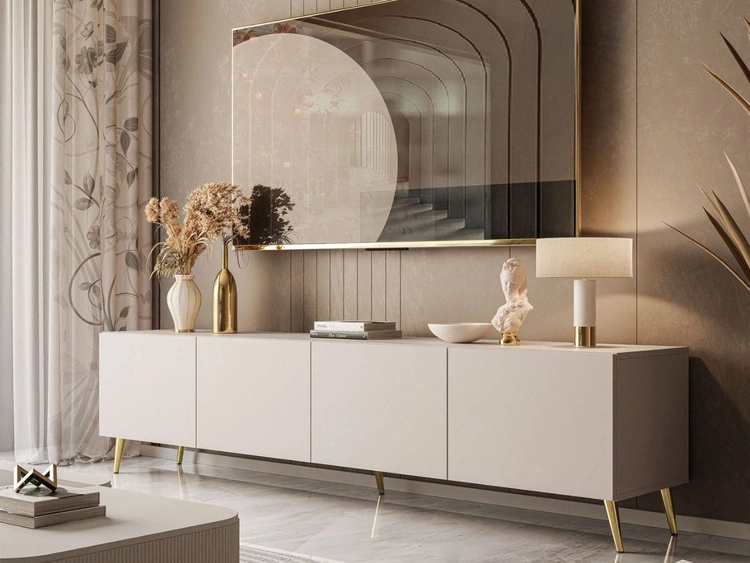 Szafka RTV pod telewizor z drzwiczkami na złotych nóżkach 200 cm Nodoo Kaszmir