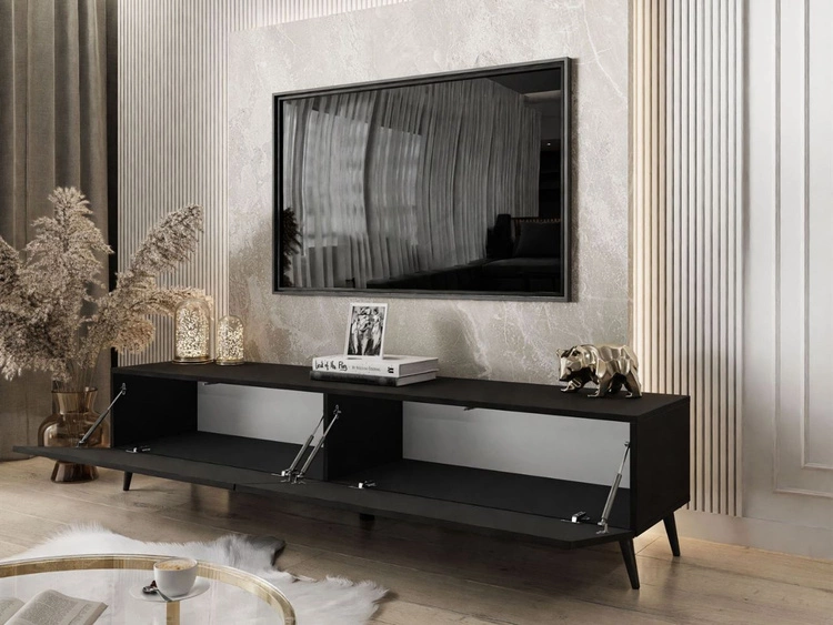 Szafka RTV dwudrzwiowa na czarnych nóżkach 175 cm z oświetleniem LED Sorelle Czarny mat