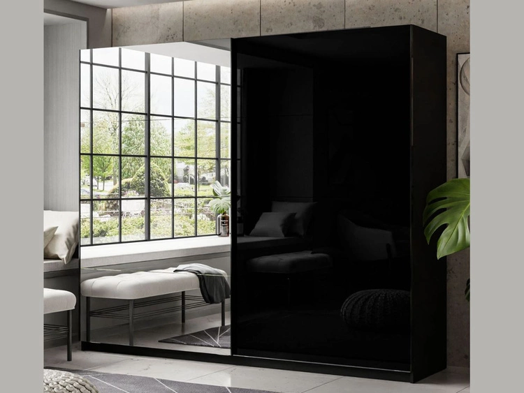 Szafa dwudrzwiowa z drzwiami przesuwnymi i lustrem 244 cm Nuveo Czarno-Biały Połysk