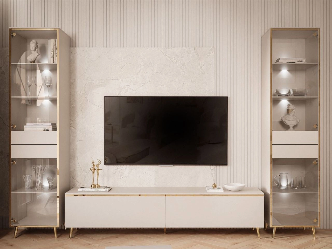 Zestaw mebli do salonu z dwiema witrynami i oświetleniem LED w stylu glamour Evare Kaszmir