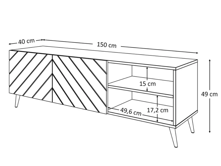 Szafka RTV z frezowanymi frontami i metalowymi chromowanymi nóżkami Vionel biały połysk