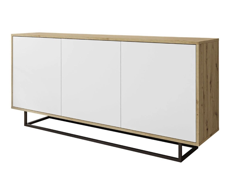 Trzydrzwiowa komoda 154 cm w stylu loft na czarnym stelażu Vivance biały mat i dąb artisan