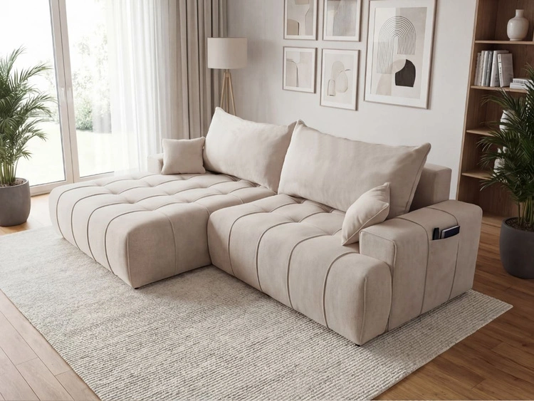 Narożnik L z funkcją spania i pojemnikiem Tulio lewy beżowy