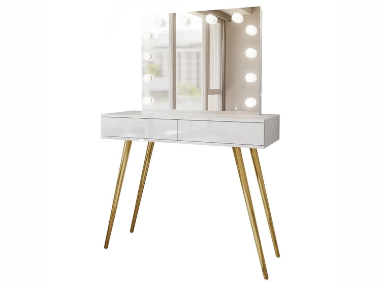 Toaletka kosmetyczna w stylu glamour z szufladami, lustrem i oświetleniem LED Olivine Elite biały połysk