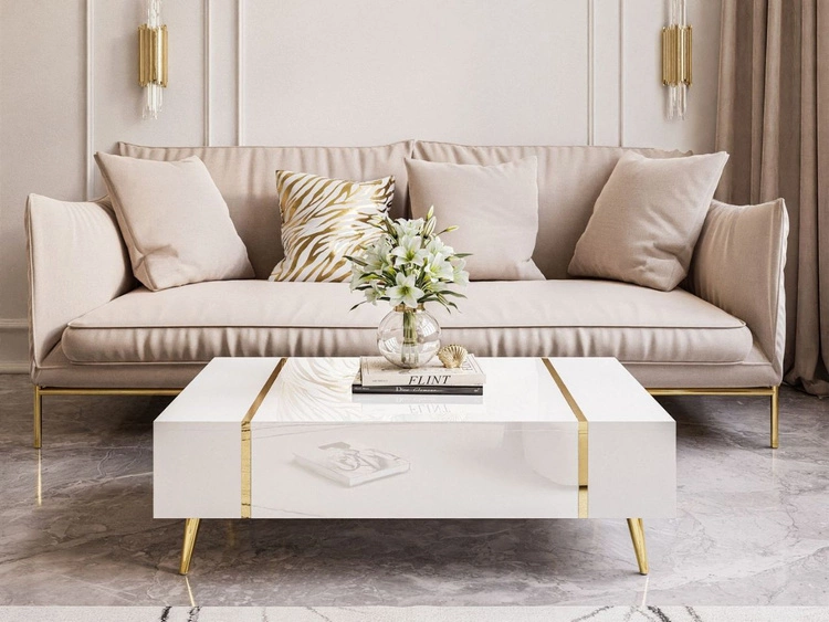 Zestaw mebli do salonu na złotych metalowych nóżkach w stylu glamour Lunelie Biały połysk