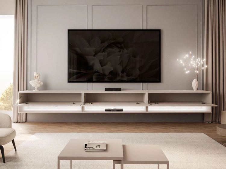Szafka RTV wisząca 270 cm do salonu z oświetleniem LED Aurelie Kaszmir mat
