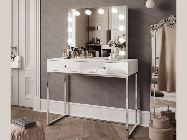 Toaletka glamour z szufladami, lustrem i oświetleniem LED Brisa biały połysk