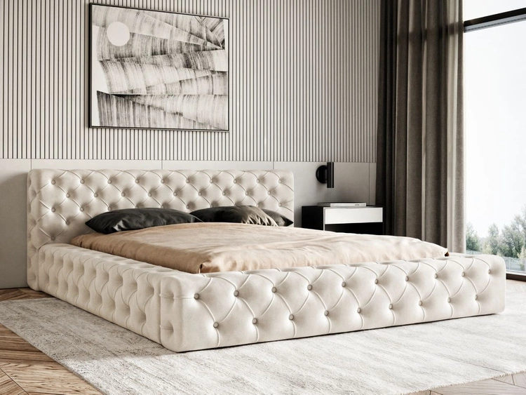 Łóżko tapicerowane z pojemnikiem i stelażem 140x200 cm Palini Beżowe