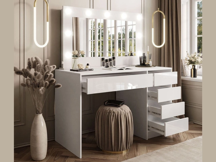 Toaletka glamour z lustrem, szufladami i oświetleniem LED Melo biały połysk