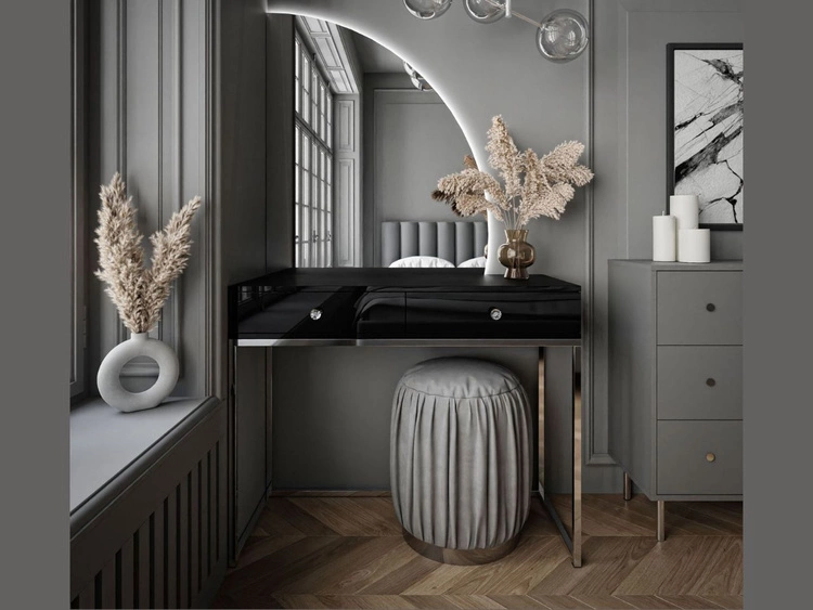 Toaletka kosmetyczna prawostronna z szufladami i oświetleniem LED na srebrnych nogach Clarette Czarny połysk