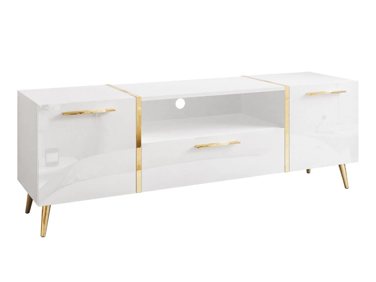 Zestaw mebli do salonu na złotych metalowych nóżkach i ze złotymi uchwytami Lunelie Biały połysk