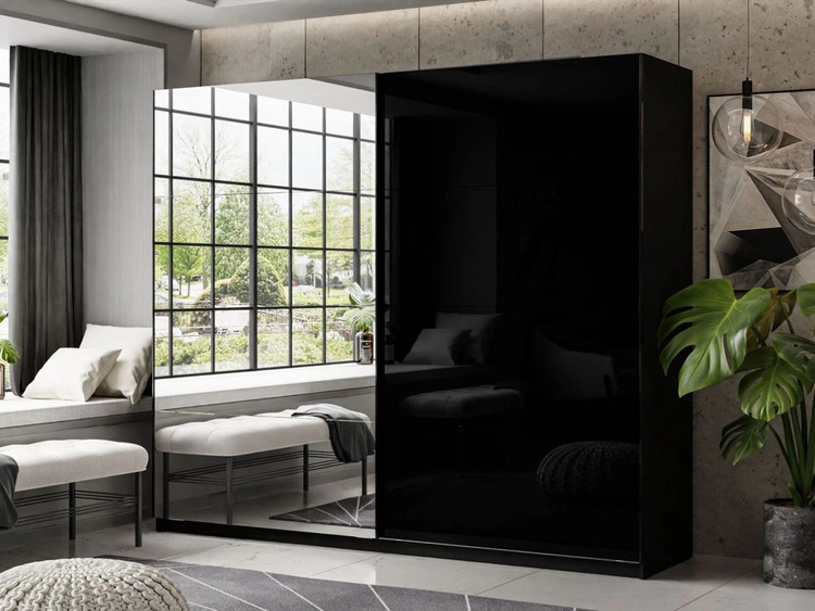 Szafa dwudrzwiowa z drzwiami przesuwnymi i lustrem 244 cm Nuveo Czarny połysk