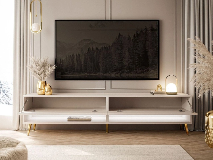 Szafka RTV do salonu 180 cm ze złotymi nóżkami i oświetleniem LED Aurelie Kaszmir mat