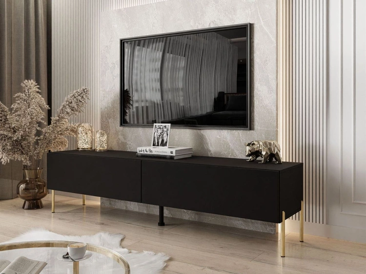 Szafka RTV pod telewizor z drzwiczkami na złotych nóżkach 175 cm Sorelle Czarny mat