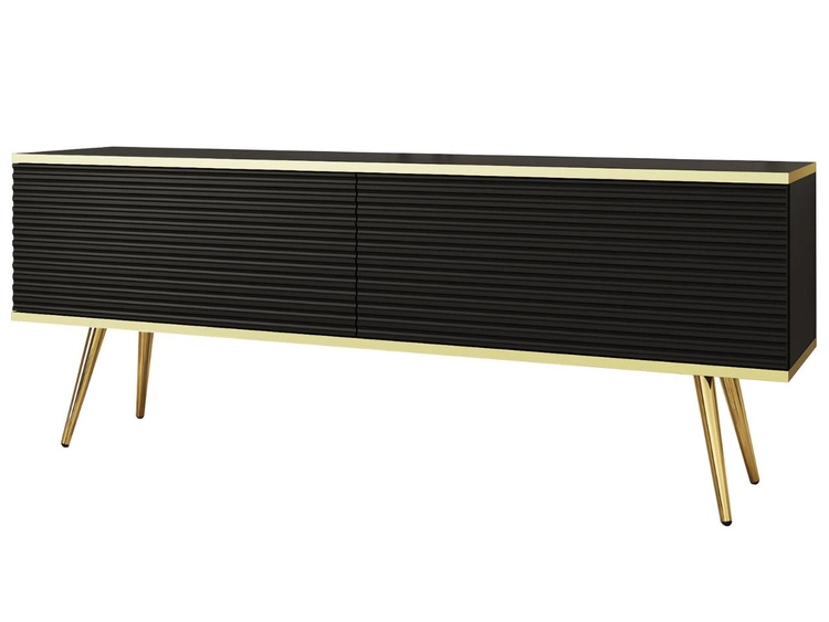 Szafka pod telewizor z drzwiczkami 135 cm z ryflowanym frontem Diolo Czarna na złotych nogach
