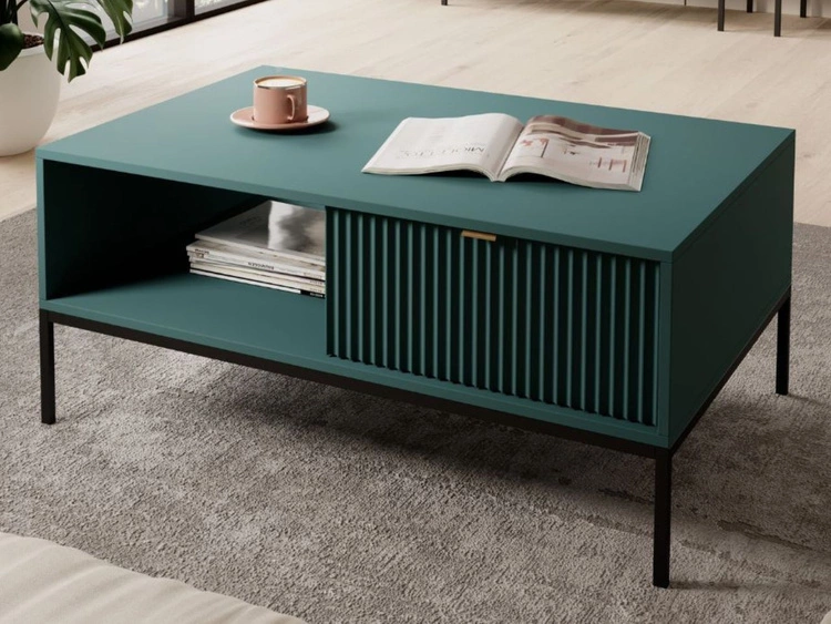 Stolik kawowy z szufladą Amber zielony na czarnych nogach
