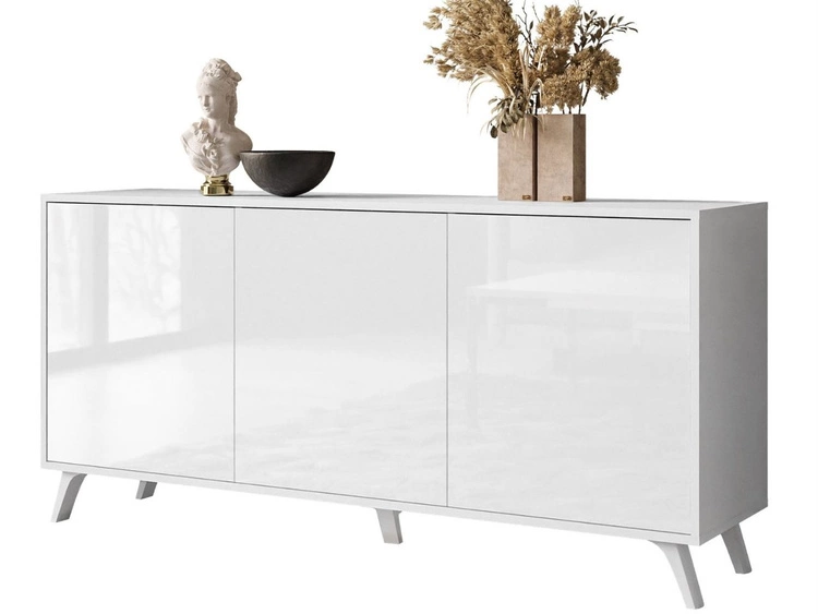 Trzydrzwiowa komoda 154 cm w stylu glamour na białych nogach Vivance biały połysk