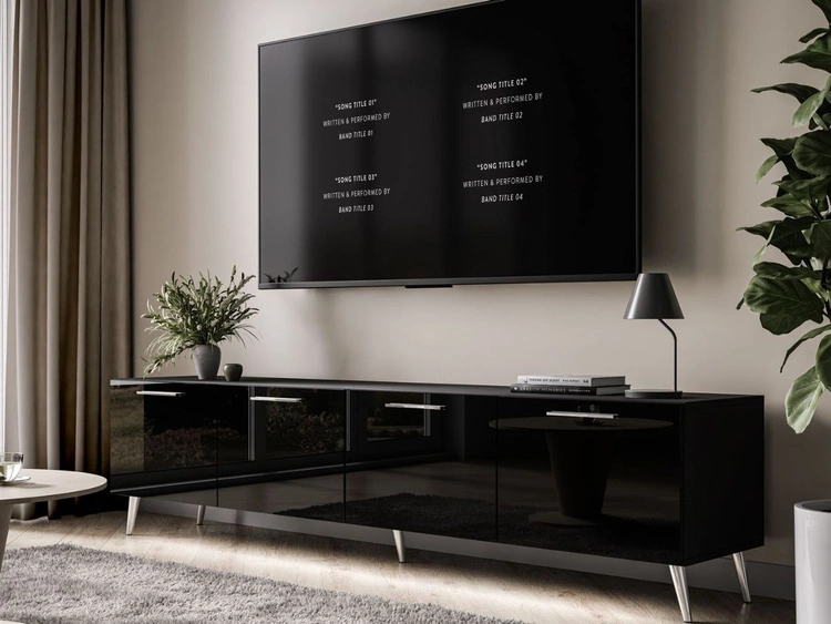 Szafka RTV pod telewizor z drzwiczkami i oświetleniem LED na srebrnych nóżkach 200 cm Noaé Czarny Połysk