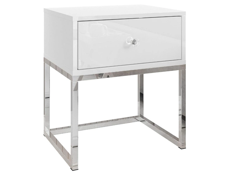 Stolik nocny glamour z szufladą i srebrnymi nogami Brisa biały połysk