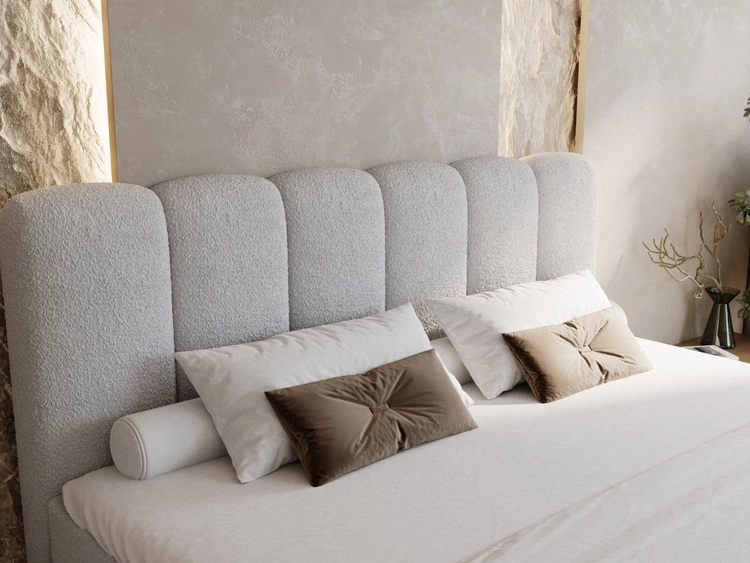 Łóżko kontynentalne z pojemnikiem na pościel 140x200 w tkaninie bouclé Cloud Szare