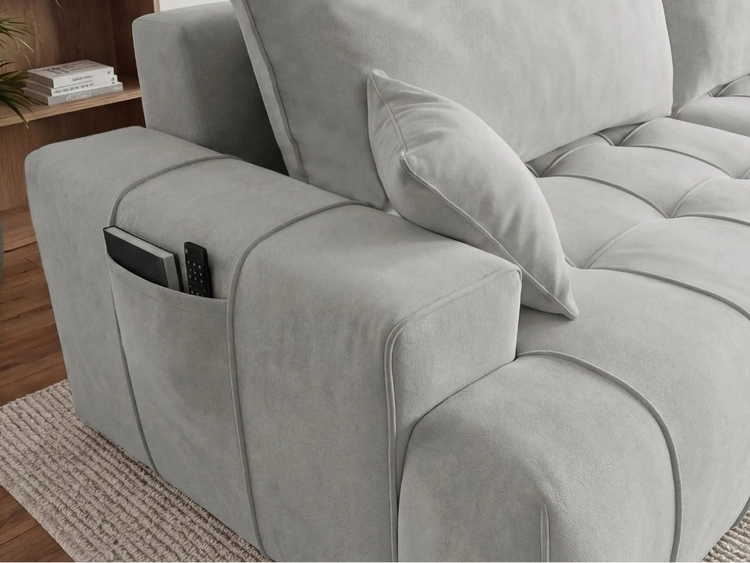 Narożnik L z funkcją spania i pojemnikiem Tulio prawy szary