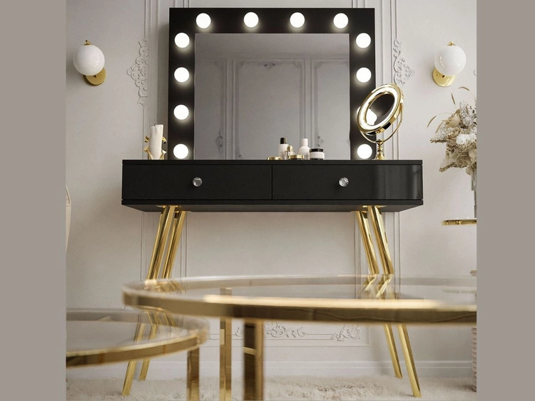 Toaletka kosmetyczna glamour z szufladami, lustrem i oświetleniem LED Olivine czarny połysk