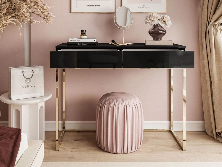 Konsola z szufladami i złotym stelażem w stylu glamour Brisa czarny połysk