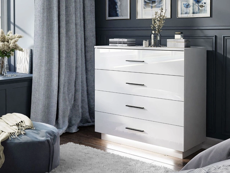 Komoda z czterema szufladami i oświetleniem LED Nuveo Biały połysk