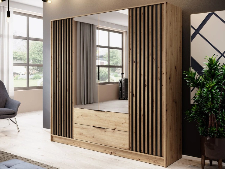 Szafa czterodrzwiowa z drzwiami uchylnymi 206 cm Macron Dąb Artisan z lustrem i lamelami