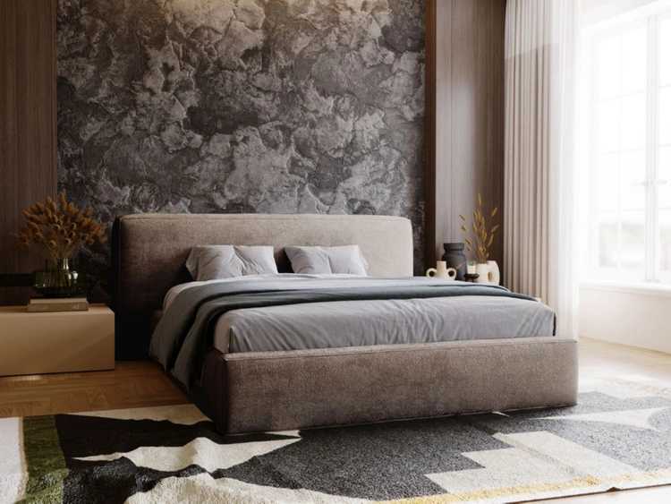 Łóżko tapicerowane z pojemnikiem i stelażem 140x200 cm Monza Brązowe