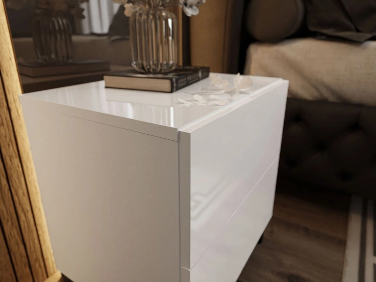 Stolik nocny z dwoma szufladami na czarnych nogach Nuveo Lux Biały Połysk