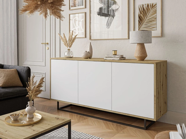 Trzydrzwiowa komoda 154 cm w stylu loft na czarnym stelażu Vivance biały mat i dąb artisan
