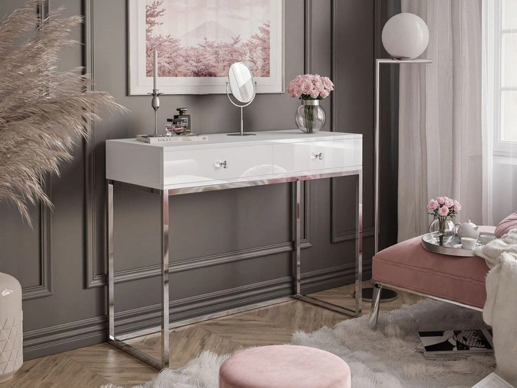 Konsola z szufladami, srebrnym stelażem i kryształowymi uchwytami Brisa biały połysk