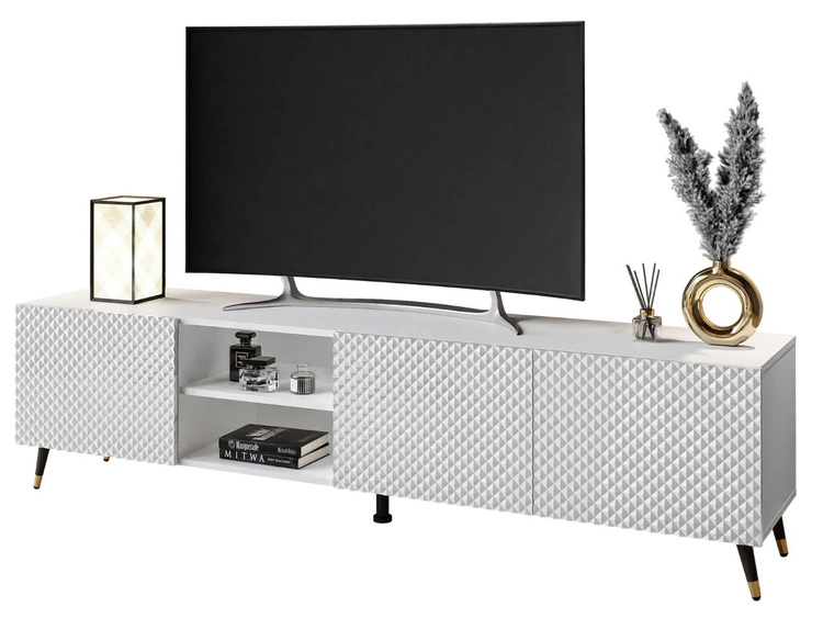 Szafka RTV z frezowanymi frontami 3D i metalowymi czarno-złotymi nóżkami Celiane biały połysk