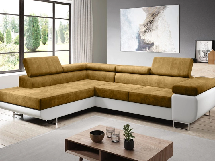 Narożnik lewy z funkcją spania i pojemnikiem Solam L Żółty, Biały