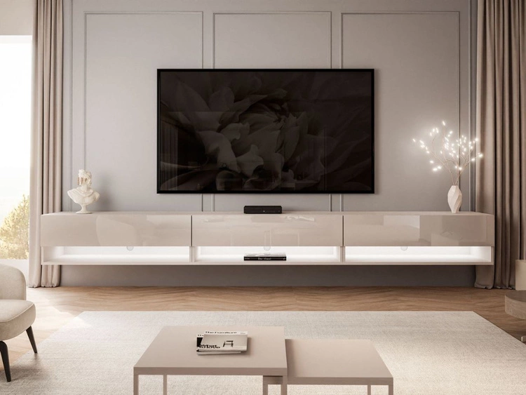 Szafka RTV wisząca 270 cm do salonu z oświetleniem LED Aurelie Kaszmir połysk